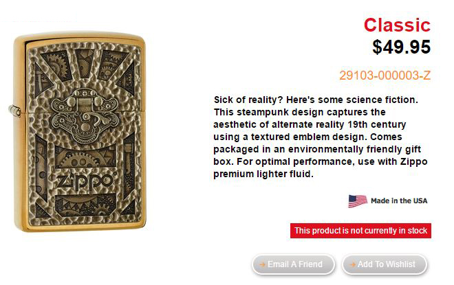 ไฟแช็ค Zippo แท้ "Zippo Steampunk Design Emblem " # 29103 แท้นำเข้า 100%