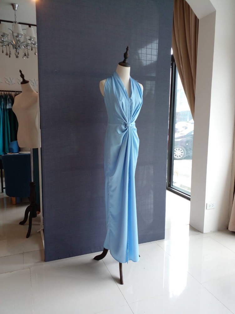 พร้อมเช่า ชุดราตรี จัดเดรปช่วงเอว เซ็ตเพื่อนเจ้าสาว สีฟ้า