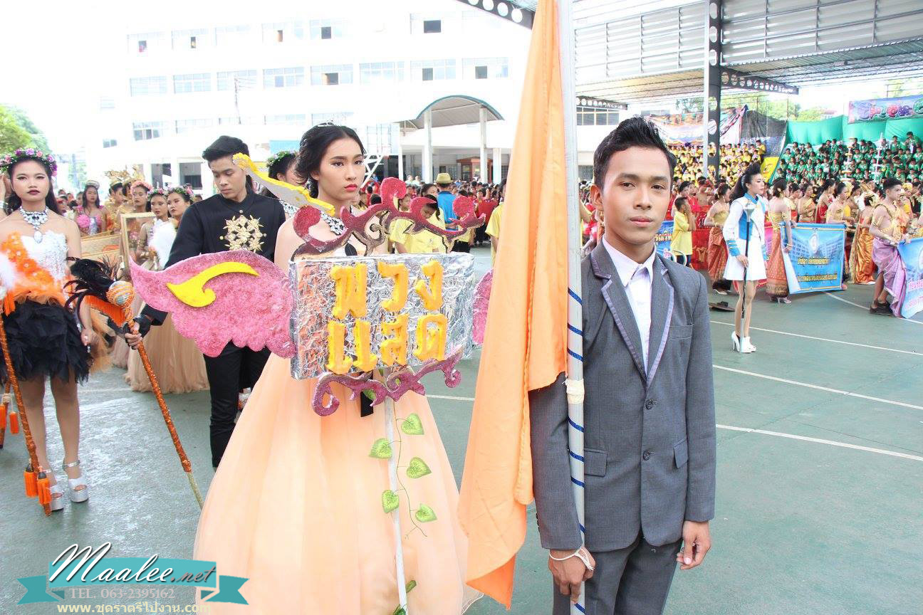 พร้อมเช่า ชุดแฟนซี ชุดราตรี เกาะอก สีส้ม ขาว แต่งดอกไม้ ผ่า V โปร่งกลางอก