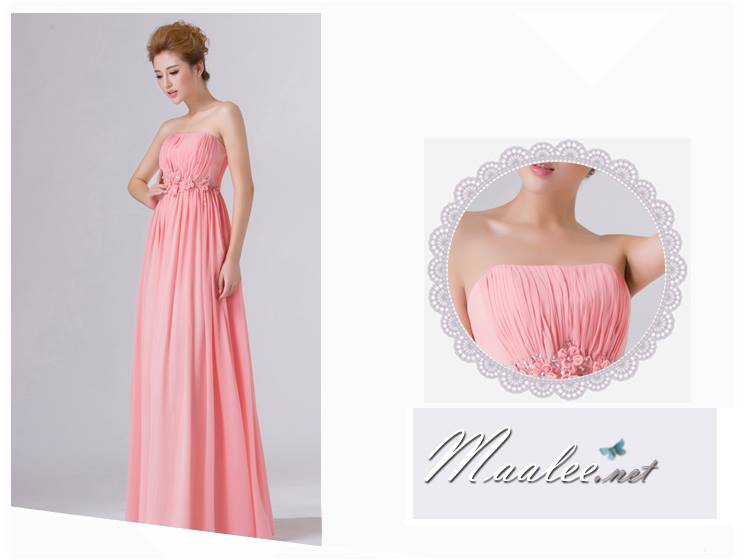 พร้อมส่ง ชุดราตรียาว เกาะอก สีโอรส แต่งดอกเก๋ๆ