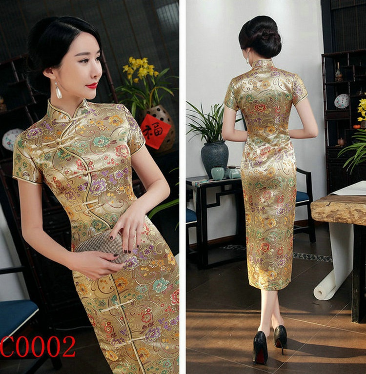 Pre-order กี่เพ้า สีทอง แขนสั้น ลายดอกไม้ ตัดเย็บอย่างดี