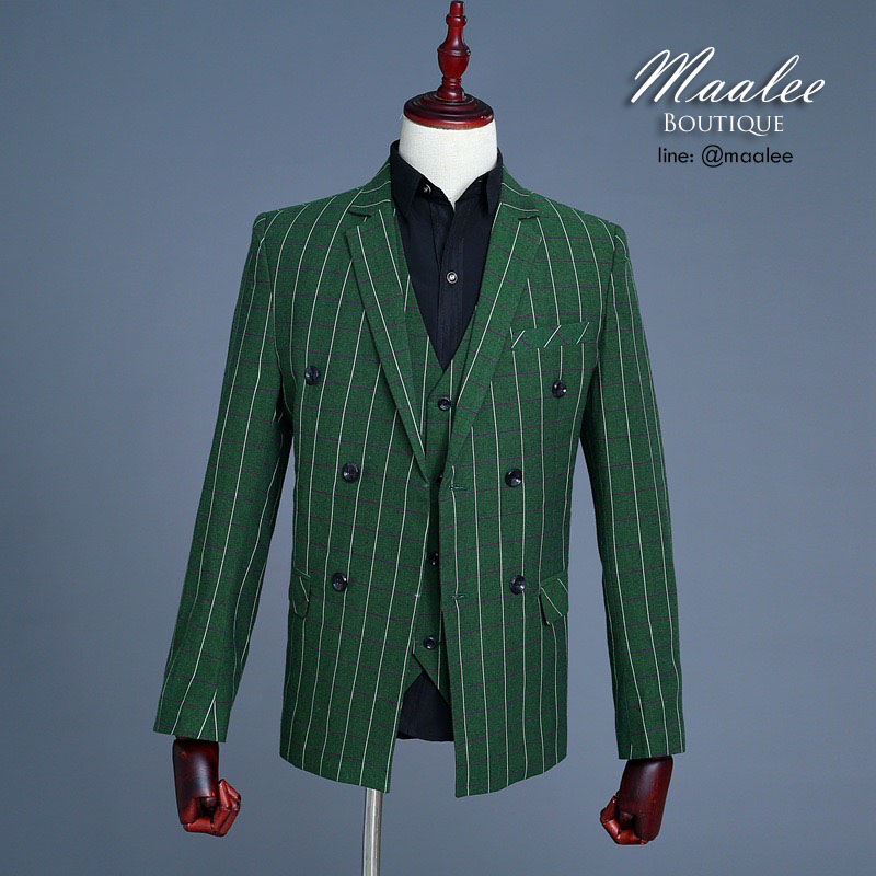พร้อมเช่า ชุดสูทชาย สีเขียว ลายทางเก๋ๆ (พร้อมเสื้อกั๊ก)