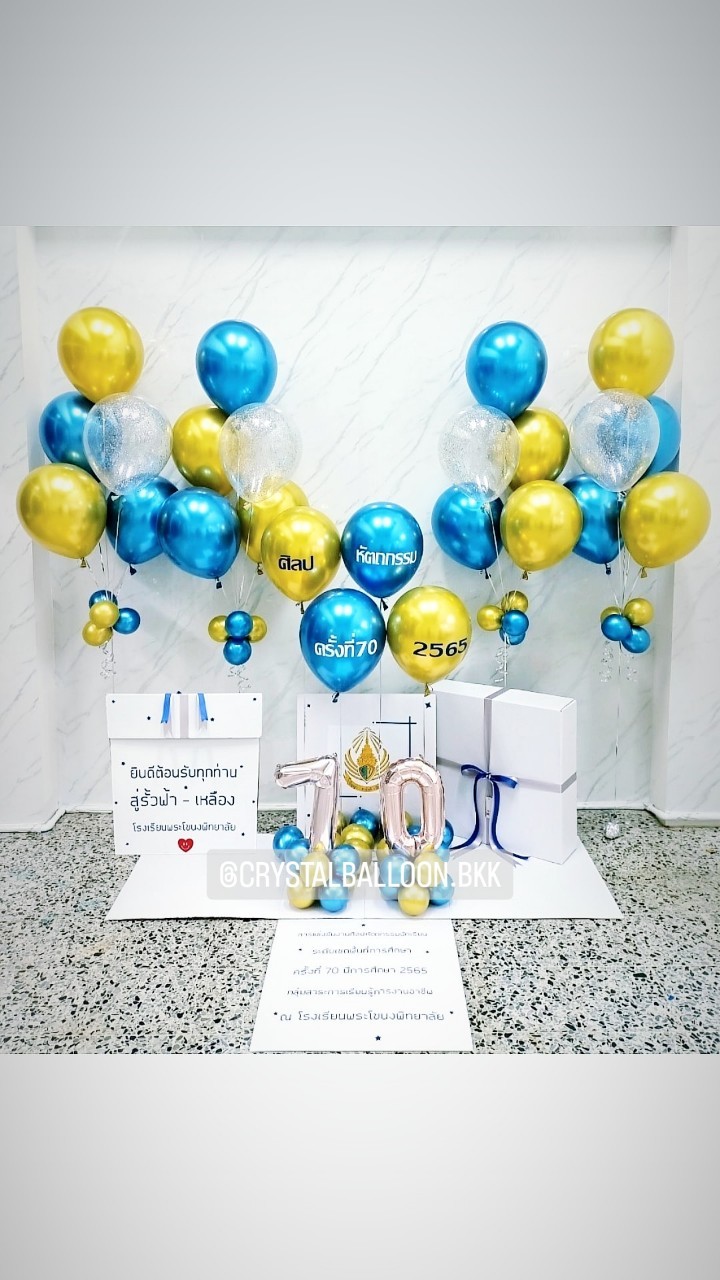 Surprise Box กล่องเซอร์ไพรส์ โอกาสพิเศษต่างๆ Theme สีน้ำเงิน-ทอง พร้อมตกแต่ง ลูกโป่ง 5 ลูก 4 ช่อ สามารถใส่รูปได้ 2 รูป สามารถเปลี่ยนสีลูกโป่ง/เปลี่ยนฟอยล์ตกแต่ง/เปลี่ยนข้อความได้