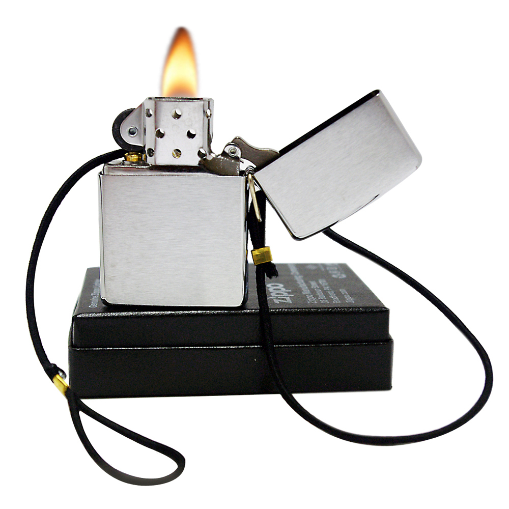 ไฟแช็ค Zippo แท้ สีเงิน รุ่นสายเชือกกันหาย "Zippo 275, Loop & Lanyard-Lossproof Brush Chrome " แท้นำเข้า 100%