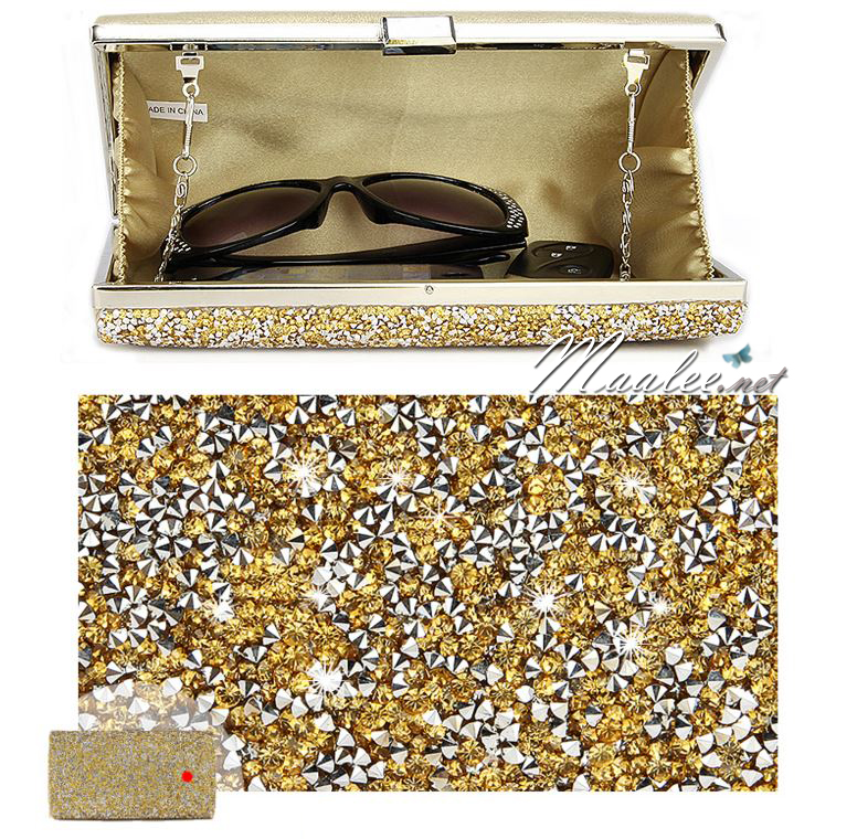 พร้อมส่ง Evening Clutch กระเป๋าออกงาน ทรงสี่เหลี่ยม พร้อมสายโซ่ยาว อัดคริสตัลเม็ดเล็ก สวยหรู สีทอง