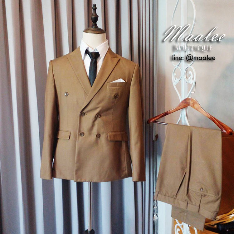 พร้อมเช่า ชุดสูทชาย สูทสีน้ำตาล Coffee Brown กระดุม 2 แถว Double-breasted Suit