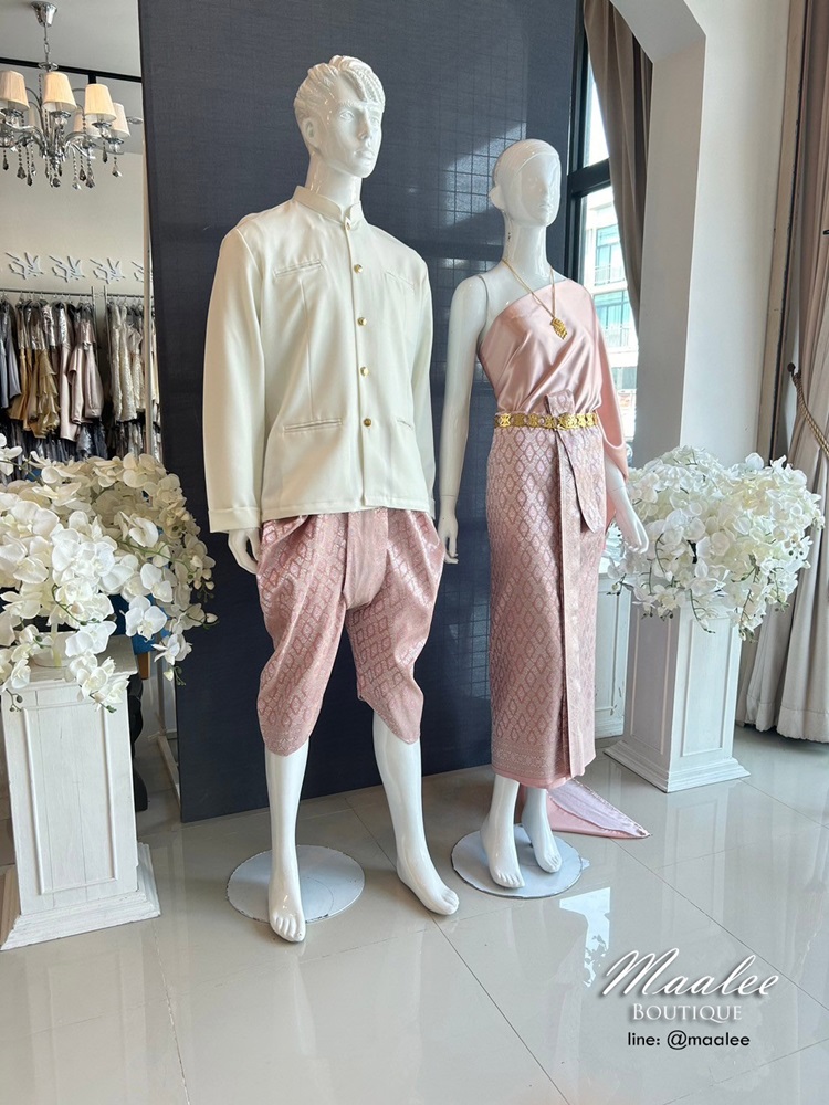 เช่า ชุดไทย ชุดเพื่อนเจ้าสาว ชุดไทยผ้าถุงสีโอวัลตินชมพูเงิน สไบเรียบ สีโอโรส