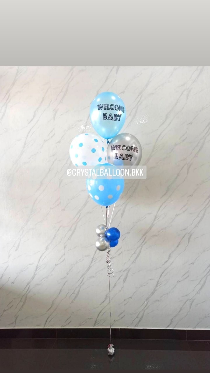 ลูกโป่ง Welcome Baby ช่อลูกโป่ง ช่อ 5 ลูก 1 ช่อ ธีมฟ้าลายจุด พร้อมตกแต่ง สามารถเปลี่ยนสีลูกโป่ง/เปลี่ยนข้อความได้