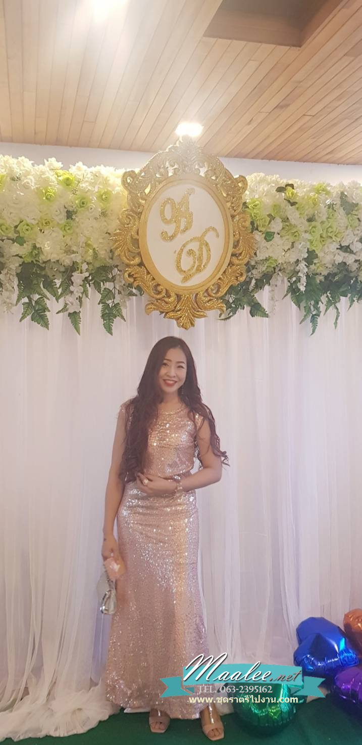 พร้อมเช่า ชุดราตรีแนวGatsby ปักเลื่อม แขนกุดเข้ารูป ออกงานกลางคืน ด้านหลังเป็นซีทรูแนวเซ็กซี่ สีเงิน (ซิปหลัง)