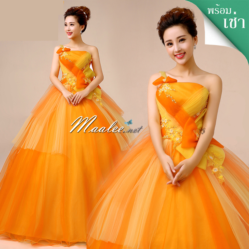 พร้อมเช่า ชุดแฟนซี ชุดราตรี ไหล่เดียว สีส้มแต่งระบายสีเหลือง น่ารัก แต่งโบว์เพิ่มความหวาน