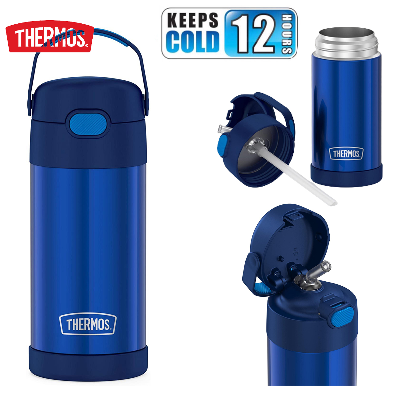 กระติกดูดน้ำแตนเลสหุ้มฉนวนสุญญากาศยี่ห้อ Thermos ของแท้ขนาด 12 ออนซ์ ลาย Blue