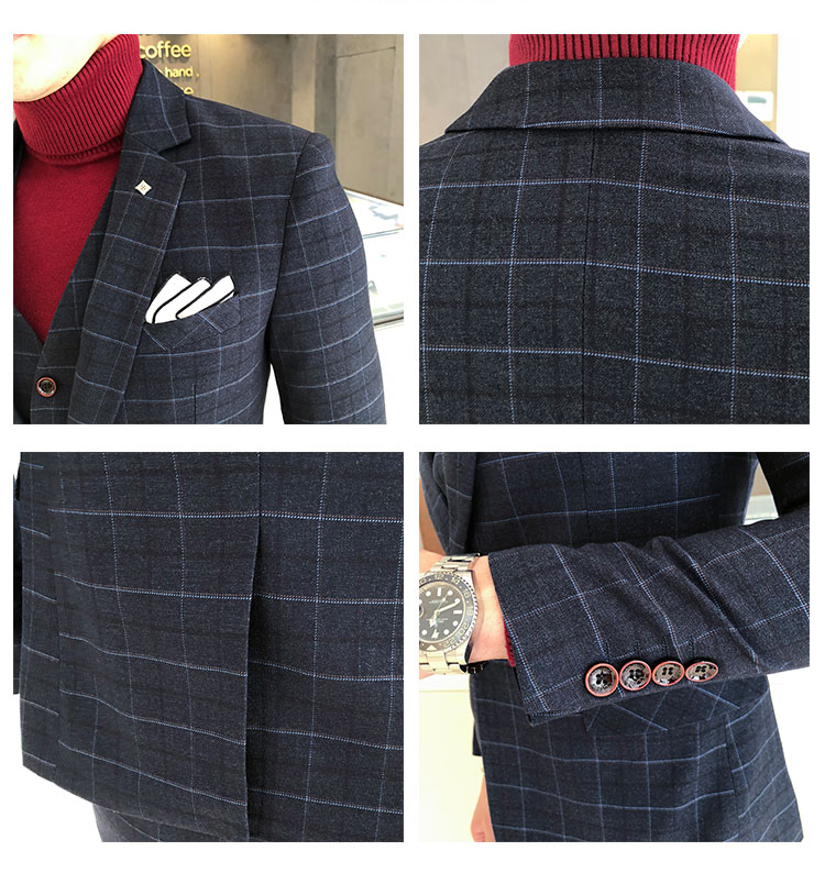 พร้อมเช่า ชุดสูทชาย สีกรมท่า ลายตาราง ทรงเข้ารูป Slim-cut พร้อมเสื้อกั๊ก