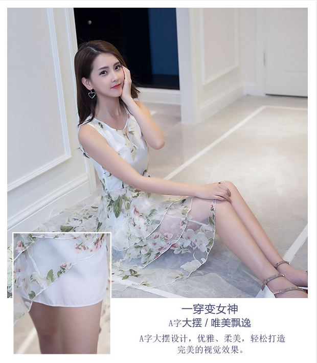 Pre-order เดรสขาว พรีเวดดิ้ง หน้าสั้นหลังยาว แขนกุด ลายดอกไม้เขียว เรียบหรู