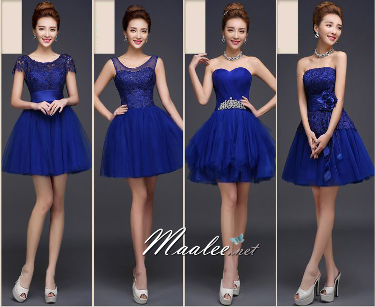 พร้อมเช่า ชุดราตรีสั้น เพื่อนเจ้าสาว แบบ A แขนสั้น ลูกไม้ ผ้าคาดเอวซาติน (ซิปหลัง)