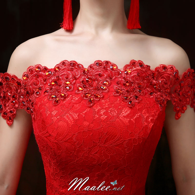 พร้อมส่ง ชุดราตรีสั้น แบบปาดไหล่เซ็กซี่ เข้ารูป สีแดง ผ้าลูกไม้ แต่งเลื่อมสุดหรู (เชือกผูกหลัง)