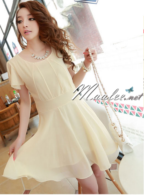 พร้อมส่ง ชุดออกงาน ชุดเดรสชีฟอง Slim Design สีครีม แขนและกระโปรงชายย้วย (เหลือเฉพาะไซส์ XXL)