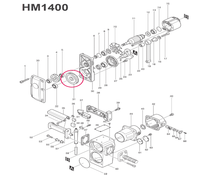 เฟืองใหญ่ สกัดไฟฟ้า Makita HM1400 [#31] Pn.221714-0 (แท้) ##