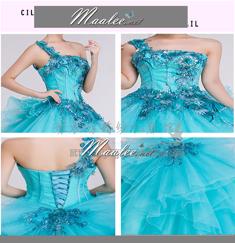 พร้อมเช่า ชุดแฟนซี ชุดราตรี ไหล่เดียว สีฟ้า แต่งเลื่อมน่ารัก ฟรุ้งฟริ้งมาก