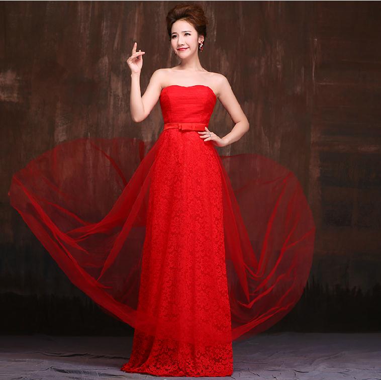 พร้อมส่ง ชุดราตรียาว เกาะอกลูกไม้ คลุมผ้าตาข่ายชั้นนอก แต่งโบว์ช่วงเอว สีแดง