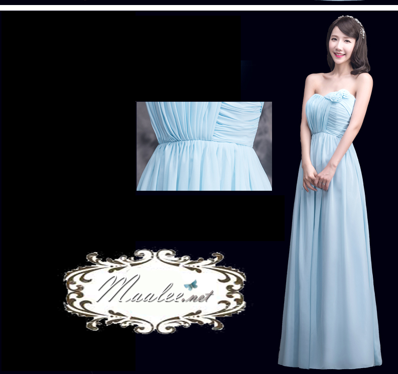 พร้อมส่ง ชุดราตรียาว สีฟ้า ชุดเพื่อนเจ้าสาว Blue-003C เกาะอกผ้าชีฟอง อกจับจีบ เพิ่มดอกตรงเนินอก ช่วยเสริมหน้าอก