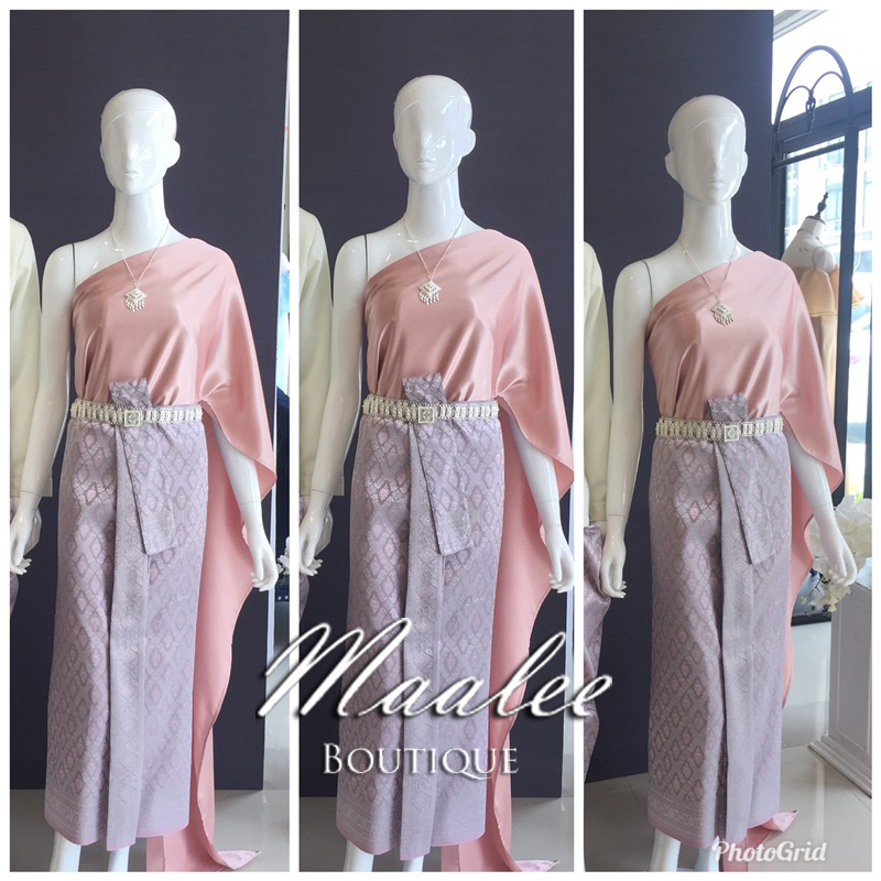 เช่า ชุดไทย ชุดเพื่อนเจ้าสาว ชุดไทยผ้าถุงสีเทาชมพูเงิน สไบเรียบ สีชมพู โรสโกล