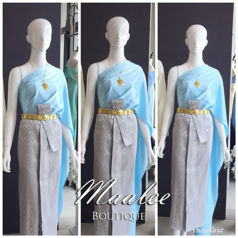 เช่า ชุดไทย ชุดเพื่อนเจ้าสาว ชุดไทยผ้าถุงสีเทาเงิน สไบเรียบสีฟ้า