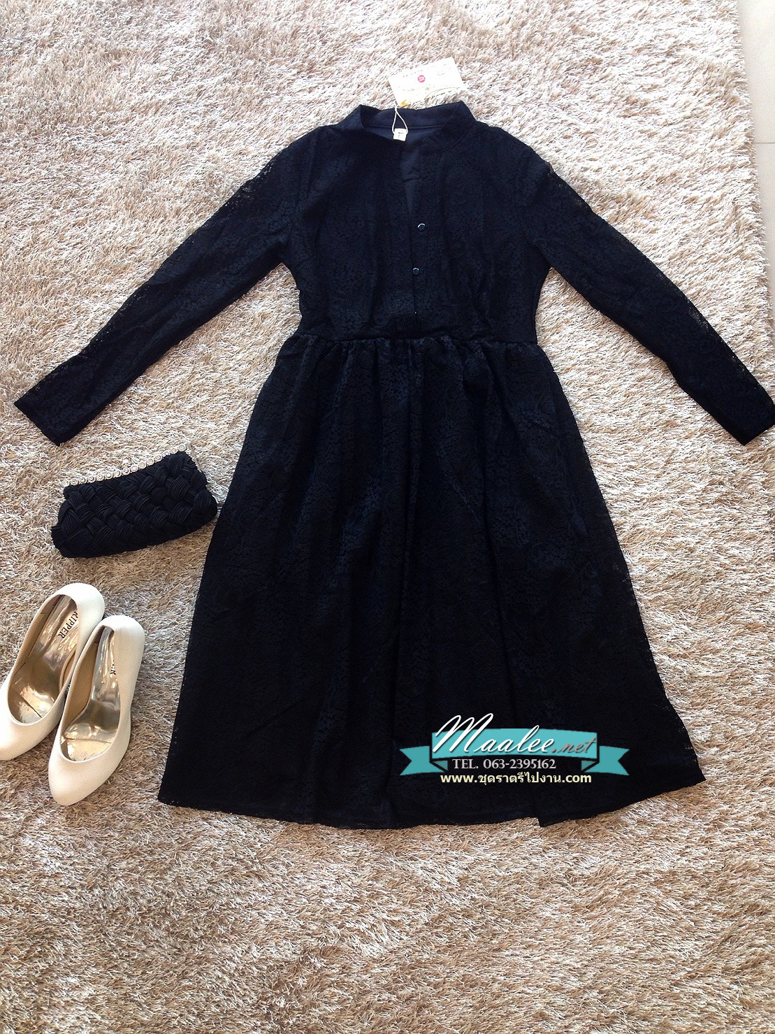 พร้อมส่ง ชุดเดรส/ชุดออกงาน/ชุดทำงาน สีดำ ลูกไม้ แขนยาว แต่งกระดุม มาพร้อมเข็มขัดสีแดง (ซิปข้างลำตัว) ** มีเฉพาะไซส์ 2XL , L **