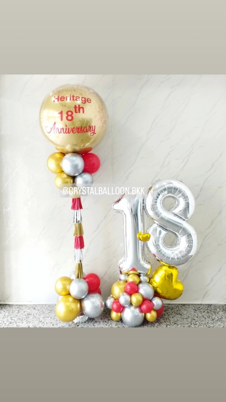 เสาลูกโป่ง เปิดงาน Bubble ขนาด 36" กลิตเตอร์สีทอง 1 เสา พร้อม ฟอยล์ตัวเลข ขนาด 40" ตั้งฐานคู่ 1 ชิ้น พร้อมตกแต่ง สามารถเปลี่ยนสีลูกโป่ง/เปลี่ยนข้อความ/เปลี่ยนสี-ฟอยล์ตัวเลข/เปลี่ยนสี-ฟอยล์ตกแต่งได้