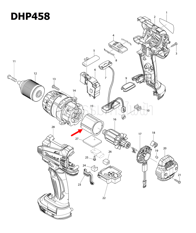YOKE UNIT สว่านเจาะกระแทกไร้สาย Makita มากีต้า DDF458RFE, DHP458 [#15] Pn.638989-8 (แท้) ##