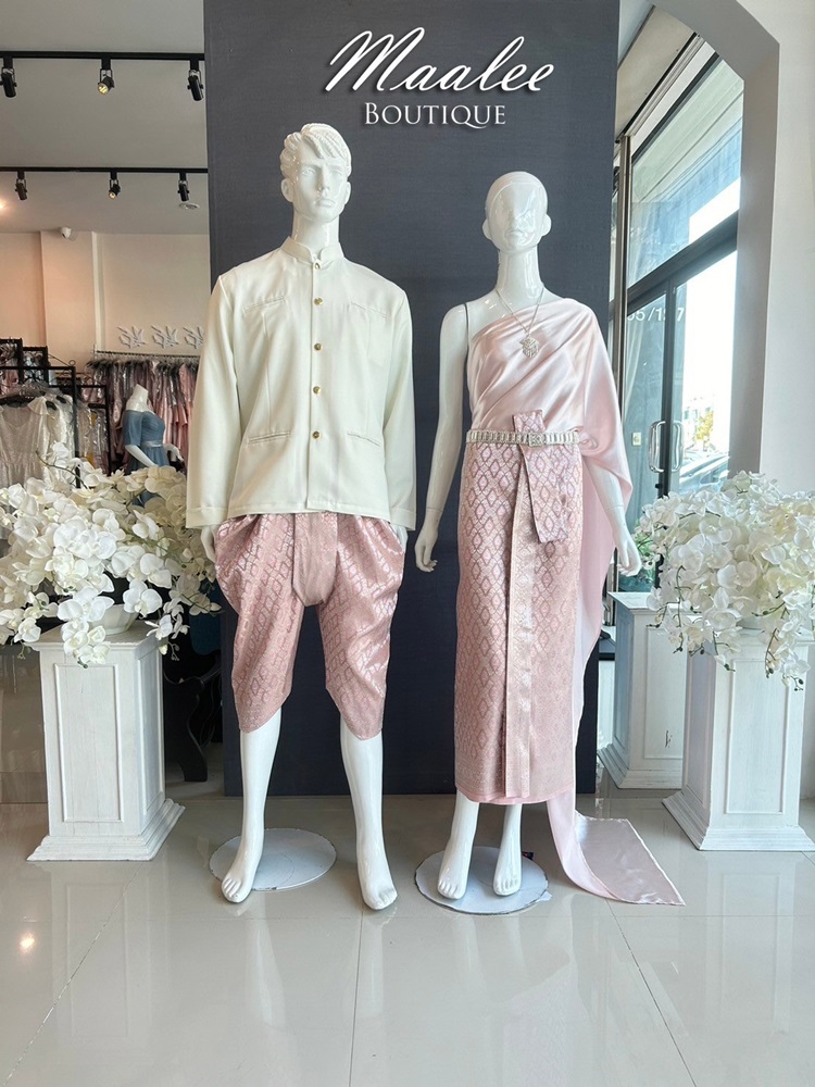 เช่า ชุดไทย ชุดเพื่อนเจ้าสาว ชุดไทยผ้าถุงสีโอวัลตินชมพูเงิน สไบเรียบ สีชมพู