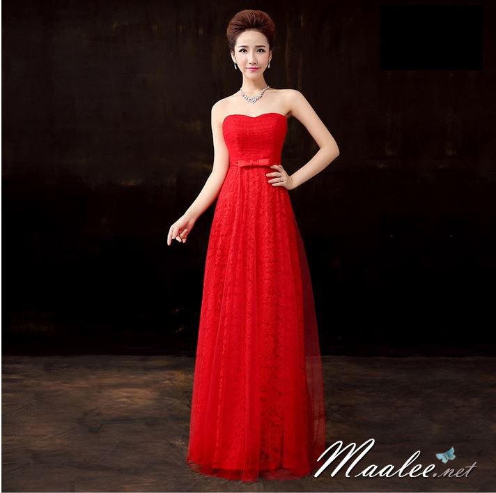 พร้อมส่ง ชุดราตรียาว เกาะอกลูกไม้ คลุมผ้าตาข่ายชั้นนอก แต่งโบว์ช่วงเอว สีแดง
