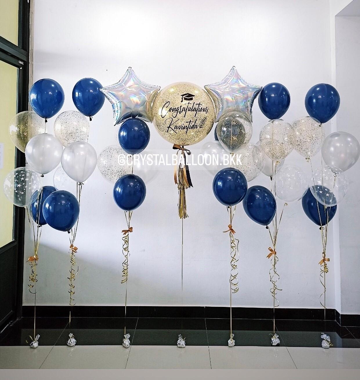 ลูกโป่ง รับปริญญา Bubble ขนาด 24" Theme Dark Blue-ทอง พร้อม ช่อลูกโป่ง ฟอยล์ดาว ขนาด 24" ช่อ 7 ลูก 2 ช่อ,ช่อลูกโป่ง ช่อ 5 ลูก 4 ช่อ,ลูกโป่งใส ลายดาว ใส่กลิตเตอร์ พร้อมตกเเต่ง สามารถเปลี่ยนสีลูกโป่ง/เปลี่ยนข้อความ/เปลี่ยนขนาด/เปลี่ยนสี-ฟอยล์ตกแต่
