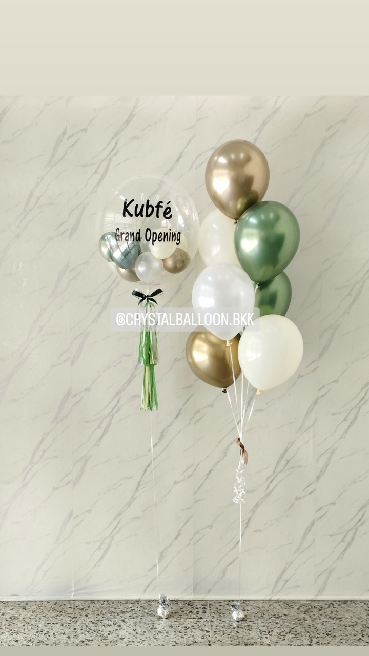 ลูกโป่ง เปิดร้าน Bubble USA 24" 1 ลูก พร้อม ช่อลูกโป่ง ช่อ 7 ลูก 1 ช่อ Theme สีเขียว พร้อมตกแต่ง สามารถเปลี่ยนสีลูกโป่ง/เปลี่ยนข้อความได้