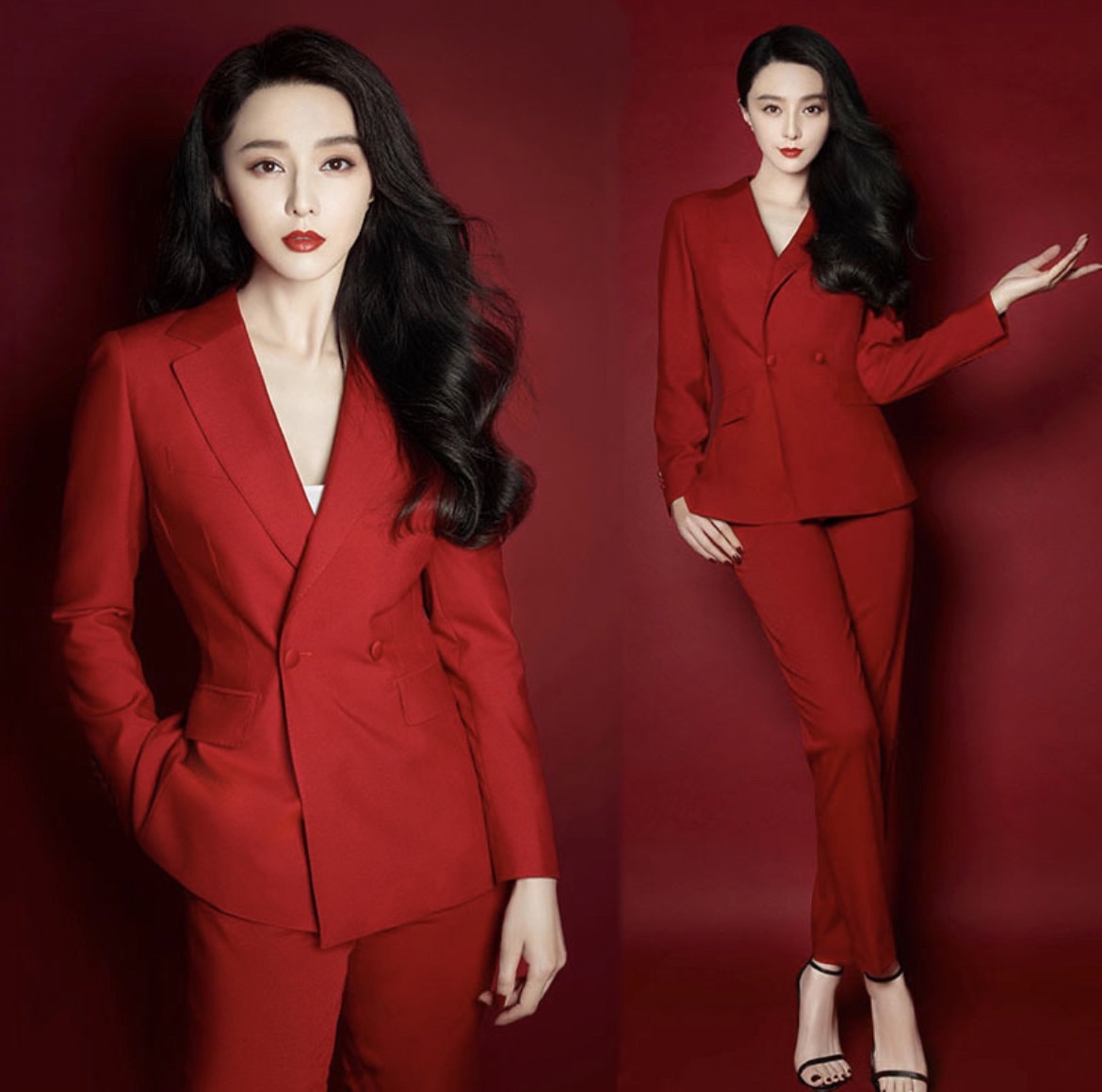 พร้อมเช่า สูทหญิง สูทสีแดง ทรงเข้ารูป สูทแฟชั่น รุ่น 2 กระดุม