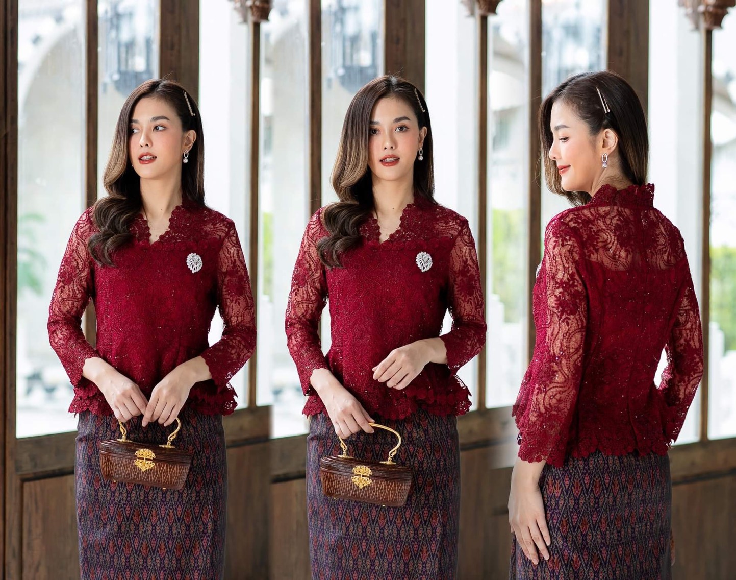 Pro-order เช่า ชุดไทยคุณแม่ เสื้อลูกไม้สีไวน์แดง คอตั้ง ผ้าซิ่น แยกชิ้น เรียบหรู **สามารถเลือกเปลี่ยนกระโปรงแบบที่ต้องการได้**