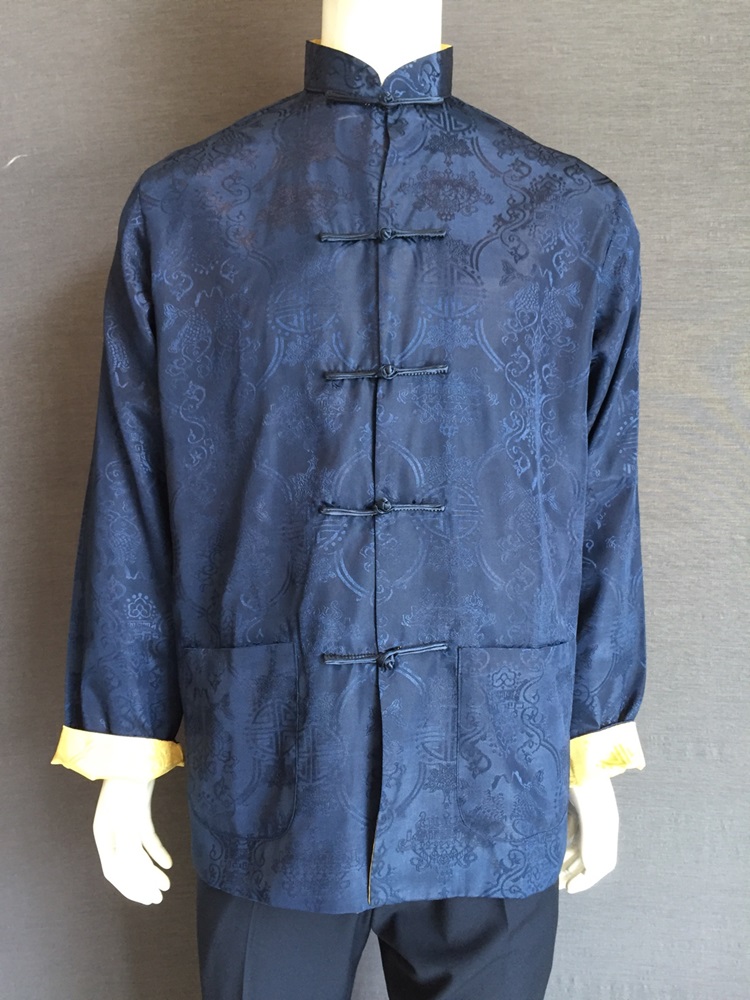 พร้อมส่ง (สินค้าตัวโชว์) ชุดจีน ชาย เสื้อคอจีน ผ้าแพร สีทอง / น้ำเงิน ใส่ได้สองด้าน (XL)