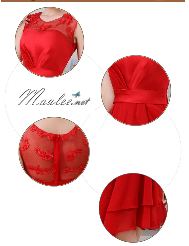 พร้อมส่ง ชุดราตรีสั้น ลูกไม้ สีแดง กระโปรงระบาย