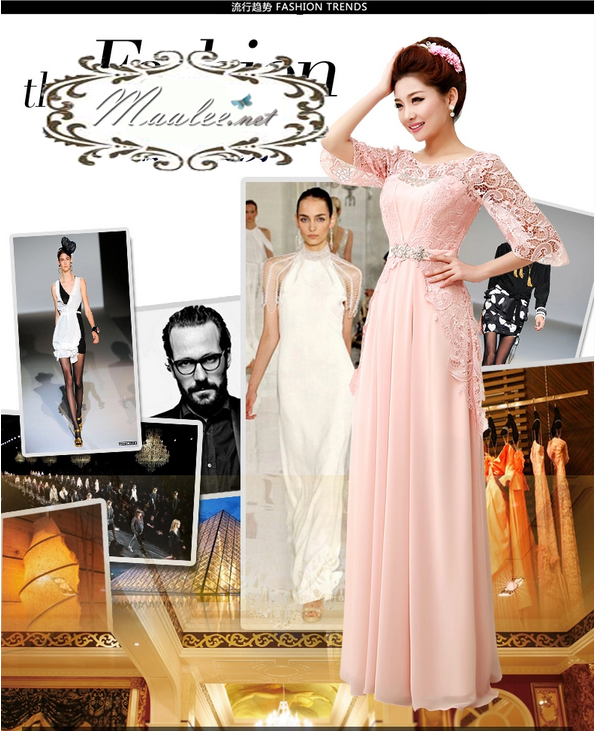 พร้อมเช่า ชุดราตรียาว สี ฟ้าเข้ม แขนสามส่วน แต่งลูกไม้ จับเดรปทรงนาฬิกาทราย (L-3XL)