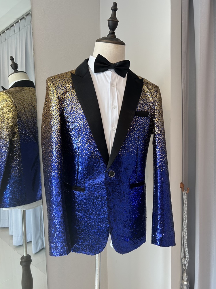 พร้อมเช่า เสื้อสูทชาย สูทแฟชั่น สูทกลิตเตอร์ ไล่สี สีทองน้ำเงิน (L)