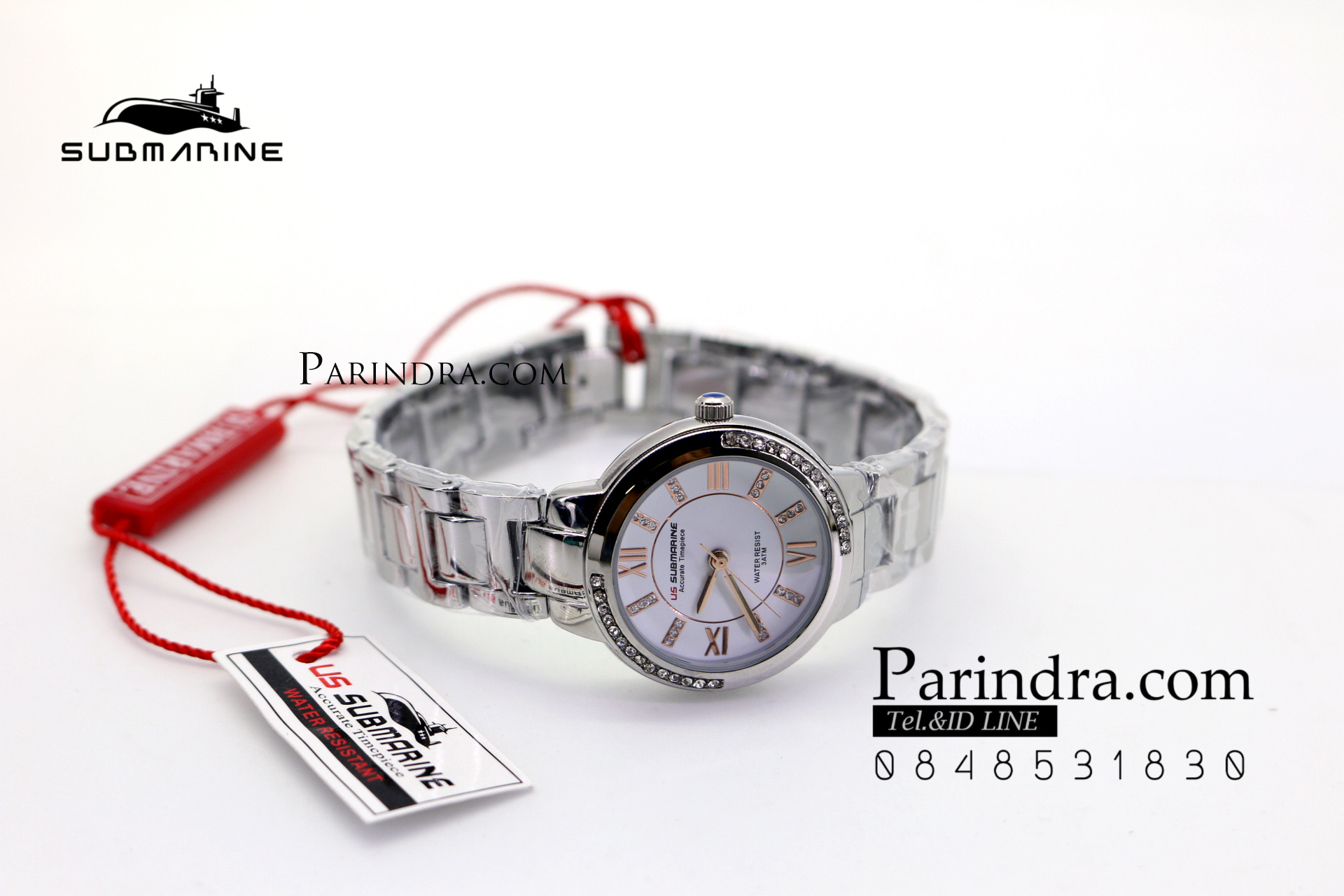 นาฬิกา US submarine รุ่น J120L กรอบหน้าปัดคริตตัล หน้าปัดสีขาวตัวเลลสีPINK GOLD สายสแตนเลสสีเงินเงา