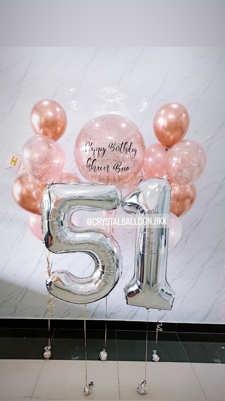 ลูกโป่ง วันเกิด Bubble ขนาด 24" Theme โรสโกล พร้อม ช่อลูกโป่ง 7 ลูก 2 ช่อ,ลูกโป่งใส ใส่กลิตเตอร์ พร้อมตกแต่ง ป้ายธง Happy Birthday 1 ชิ้น,ฟอยล์ตัวเลข ขนาด 40" 2 ชิ้น สามารถเปลี่ยนสีลูกโป่ง/เปลี่ยนข้อความ/เปลี่ยนขนาด/เปลี่ยนสี-ฟอยล์ตัวเลขได้
