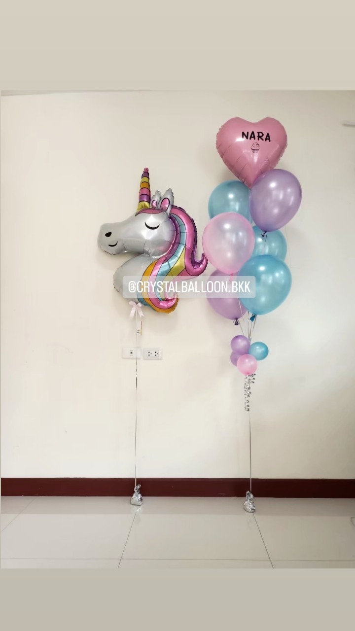 ลูกโป่ง วันเกิดเด็ก ช่อลูกโป่งฟอยล์หัวใจ ขนาด 18" ช่อ 7 ลูก 1 ช่อ พร้อมตกแต่ง ฟอยล์ Unicorn ใหญ่ 1 ชิ้น สามารถเปลี่ยนสีลูกโป่ง/เปลี่ยนข้อความ/เปลี่ยนสี-ฟอยล์ตกแต่งได้