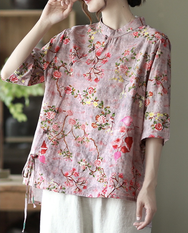 เสื้อคอจีนผ้าลินินผสมฝ้ายลายดอกไม้