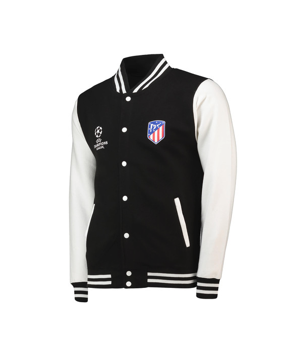 เสื้อแจ็คเก็ตแอตเลติโก มาดริด UEFA Champions League Varsity สีดำขาวของแท้