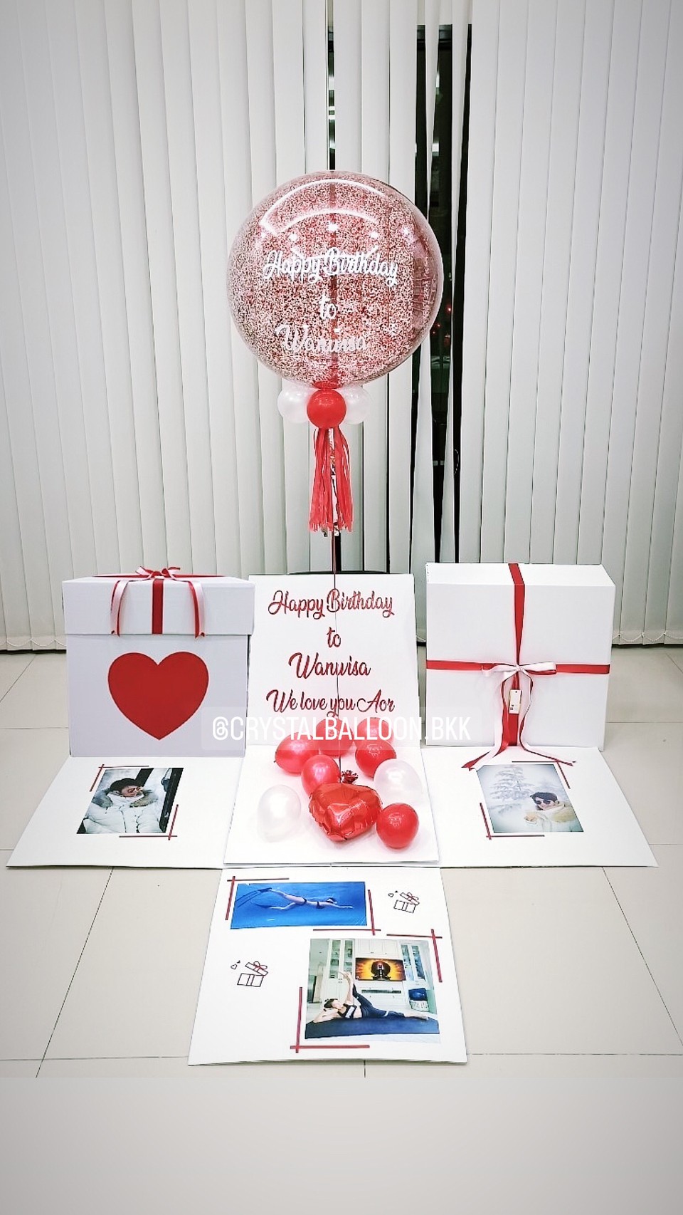 Happy Birthday Surprise Box กล่องเซอร์ไพรส์วันเกิด Bubble ขนาด 24" Theme สีแดง พร้อมตกแต่ง สามารถใส่รูปได้ 4 ใบ สามารถเปลี่ยนสีลูกโป่ง/เปลี่ยนข้อความได้