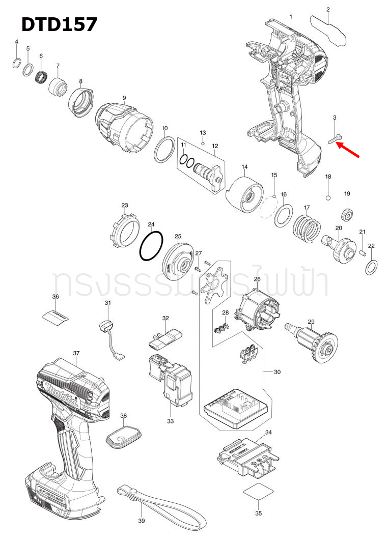 TAPPING SCREW 3X16 สว่านไขควงกระแทกไร้สาย มากีต้า Makita TM30D, DF032D, BTM40, DTM40, BTM50, DTM50, DTD153, DTD154, DDF484 Pn.266429-2 (แท้) ##