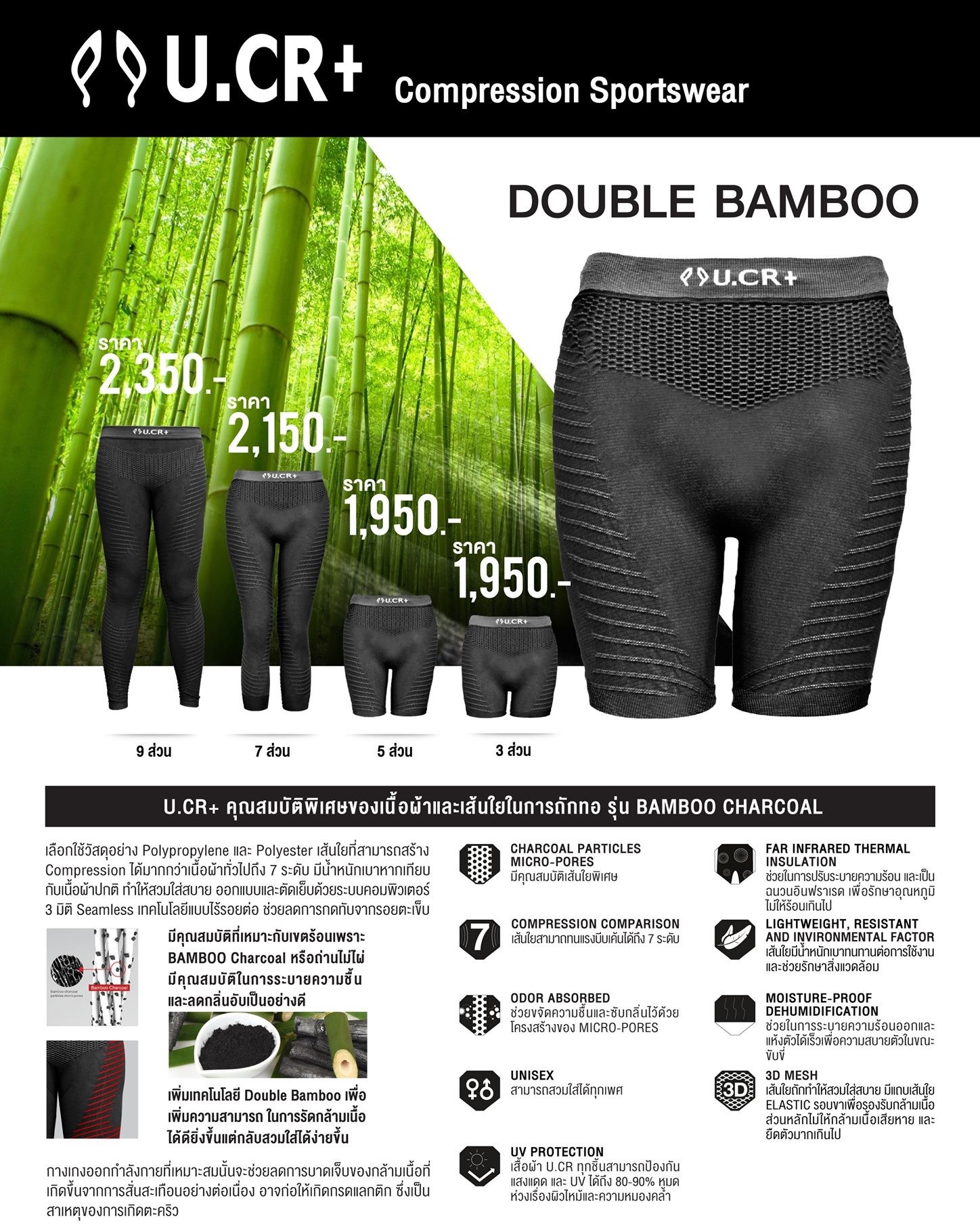 UCR+ กางเกงปั่น ป้องกันตะคริว รุ่น Double Bamboo ผ้านุ่มหนา แถบรัดกว้างขึ้น สีดำล้วน มีขนาด 3points, 5points, 7points, 9points