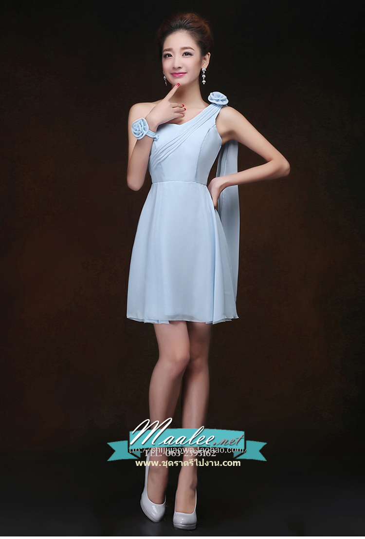 พร้อมเช่า ชุดราตรีสั้น สีฟ้าอ่อน ชุดเพื่อนเจ้าสาว Blue-001D