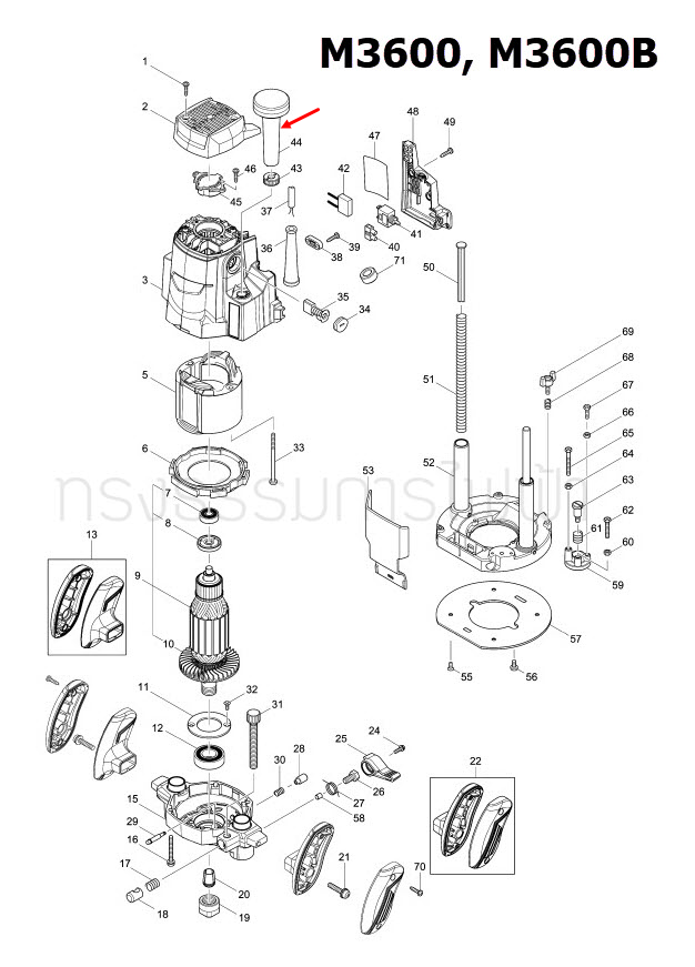 KNOB 50 COMPLETE เราท์เตอร์ Maktec มาคเทค, Makita มากีต้า MT360, MT362, M3600, M3600B [#44] Pn.153764-6 (แท้) ##(*)