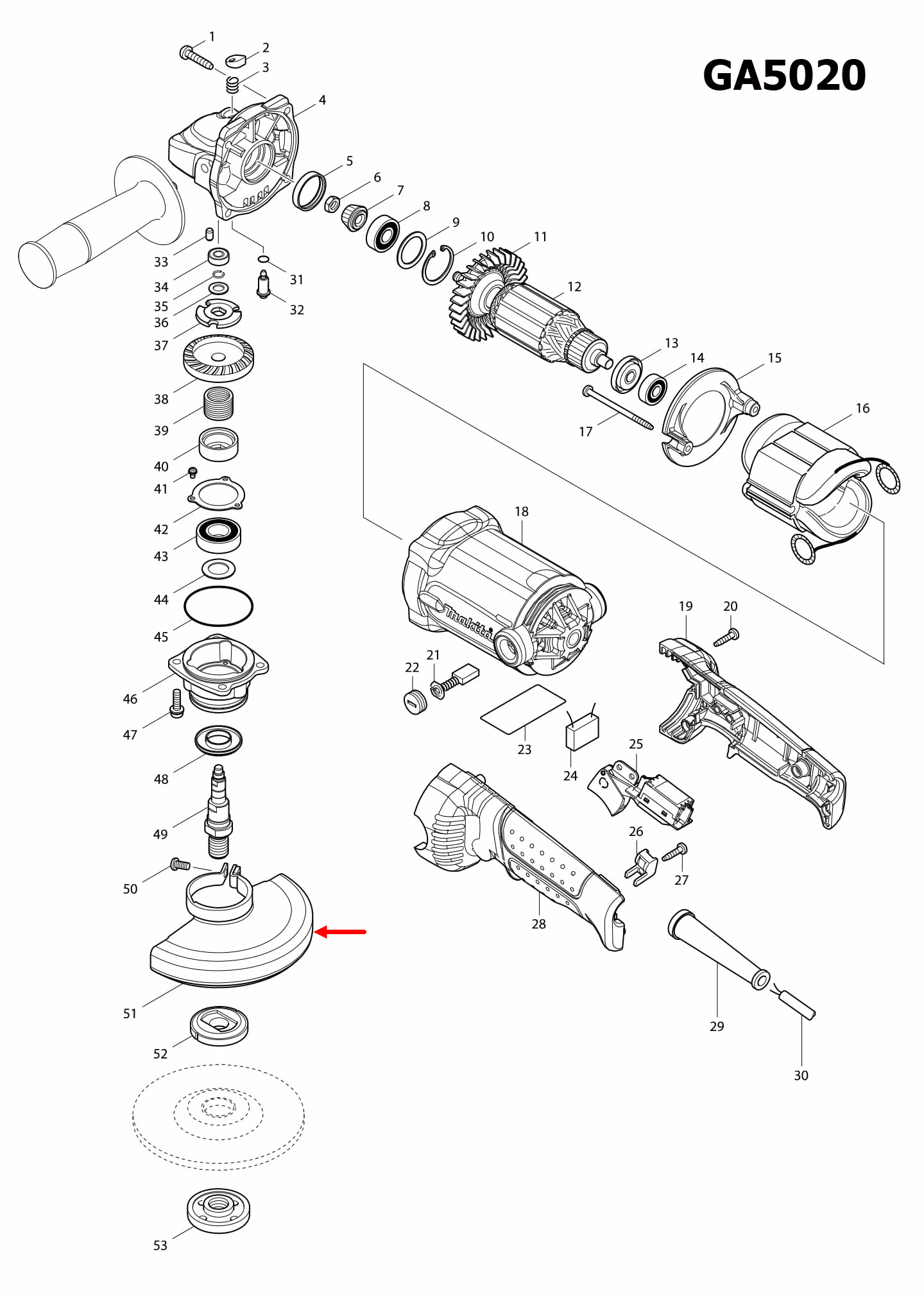 บังใบ หรือบังสะเก็ด หินเจียร 5 นิ้ว Maktec MT904, Makita GA5010, GA5020, M9002 [#51] P/N.123099-9 (แท้)++